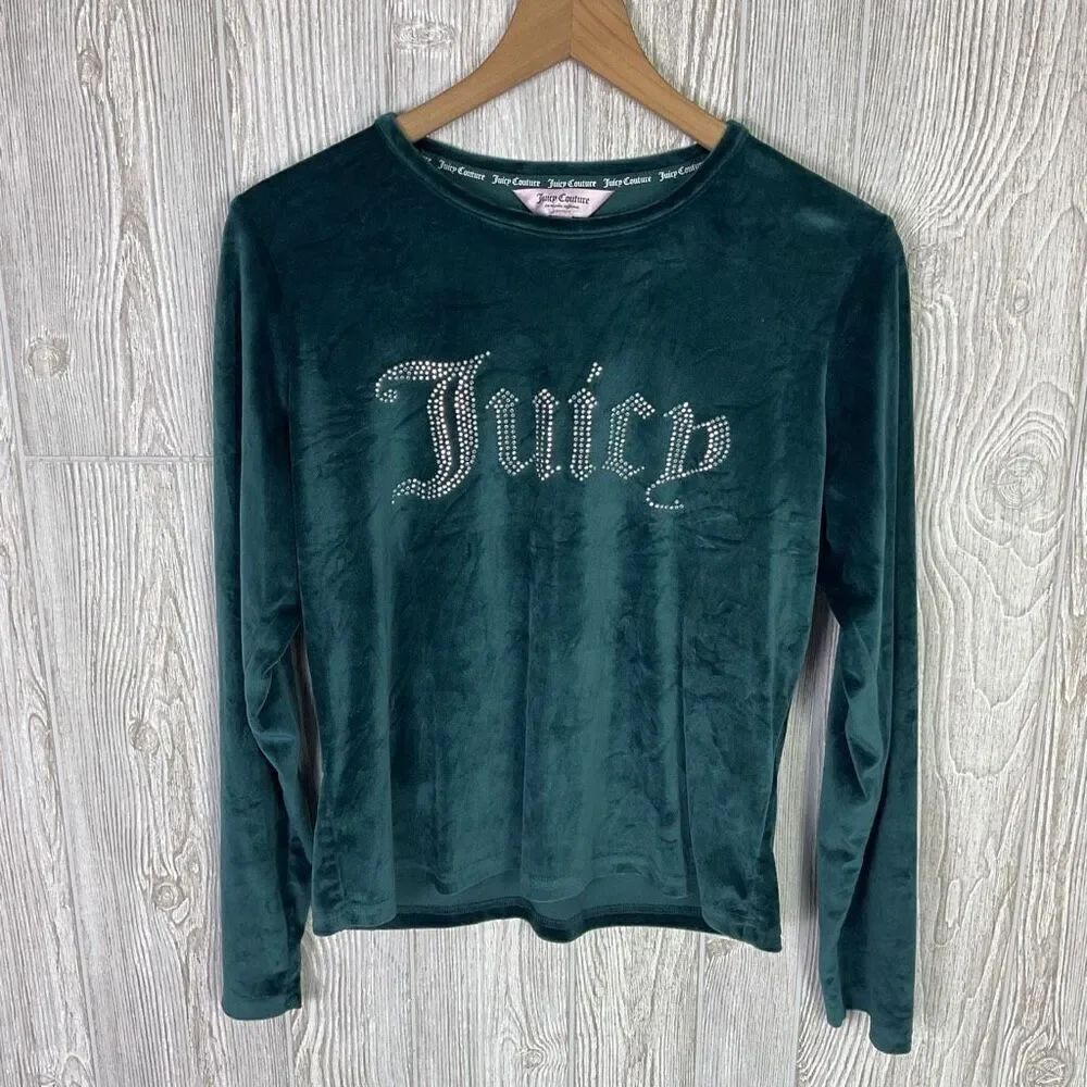 Vintage Y2K Juicy Couture Green Velvet Velour JUICY Pullover Sleepshirt Size Lar